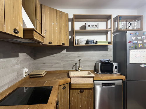 Corner kitchen ANNA RUSTIC style | CLASSIC in solid fir and ash with stucco effect, predisposition for household appliances, dimensions 280-200x65xh90cm