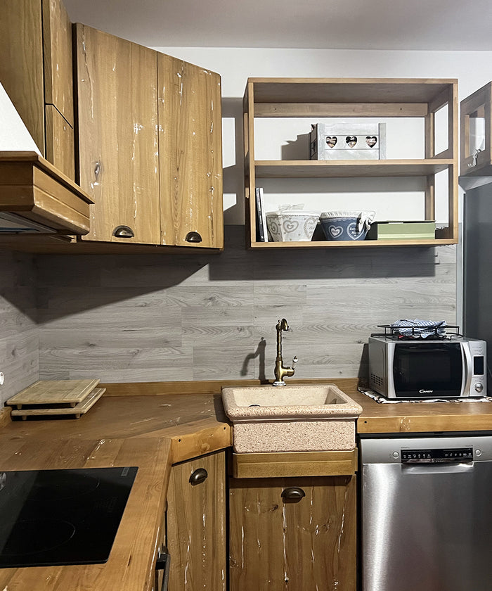 Corner kitchen ANNA RUSTIC style | CLASSIC in solid fir and ash with stucco effect, predisposition for household appliances, dimensions 280-200x65xh90cm