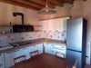 Cucina angolare BIANCO SHABBY / INDUSTRIAL mod. BERGAMO con scolapiatti a giorno mensole pensili cappa bidone predisposizione elettrodomestici 430-210x70xh90-220 cm in legno massello