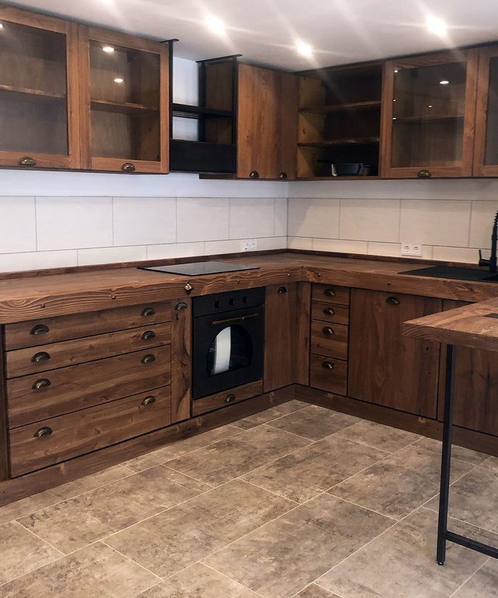 MONACO COUNTRY style corner kitchen in solid wood with fold-down snack table 310-205x65xh88cm