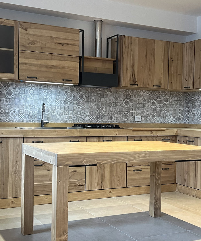 TREVISO COUNTRY style corner kitchen in solid ash without appliances and optional table measures 429x240x65xh90cm