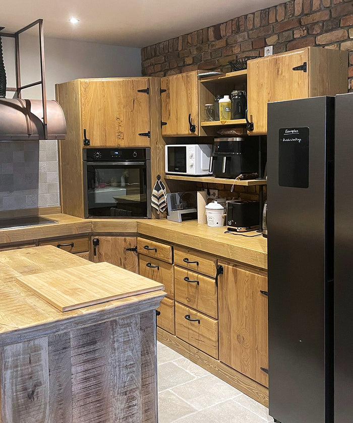 MONACO COUNTRY style corner kitchen in solid wood with fold-down snack table 310-205x65xh88cm