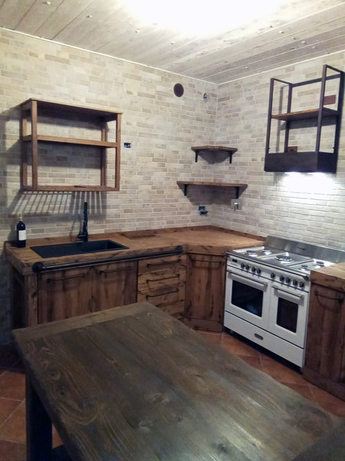 Corner kitchen VALENTINA INDUSTRIAL style solid wood DISH DRAINER HOOD SHELVES INCLUDED OPTIONAL TABLE dimensions 255-140x65xh90cm