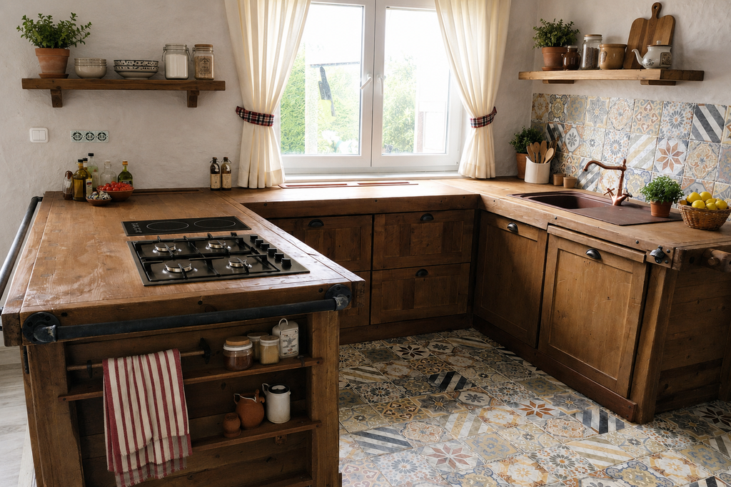 INDUSTRIAL / COUNTRY style horseshoe kitchen LIVED ALL IN solid wood preparation for household appliances 200x200x340 cm