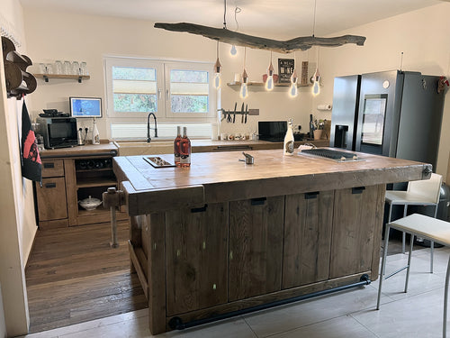 Cucina + isola STOCCARDA stile INDUSTRIAL 415x65xh90cm + 220x120xH100cm tutto legno massello SU MISURA