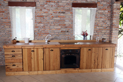 Linear kitchen in RUSTIC / COUNTRY / VISSUTO style in solid wood with provision for appliances, dimensions 330x65xh87cm