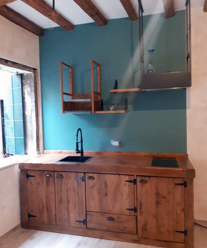 Linear kitchen + hood + dish drainer + shelves RUSTICA model GEMONA in solid wood predisposition for household appliances dimensions 250x63xh90cm