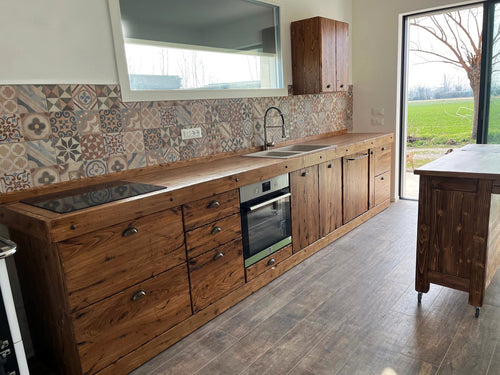 MONACO COUNTRY style corner kitchen in solid wood with fold-down snack table 310-205x65xh88cm