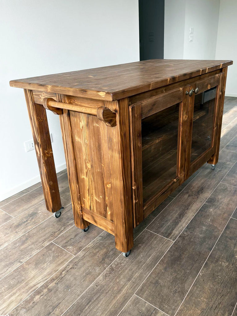 Cucina lineare stile COUNTRY modello ERICA da 400x65xh90cm + Isola su ruote da 140x70xh90cm tutto legno massello