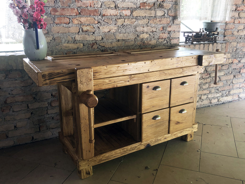 Carpenter's workbench for kitchen and living room furniture, INDUSTRIAL VISSUTO style, solid wood, 4 drawers, 2 vices, 180x55xh85 cm