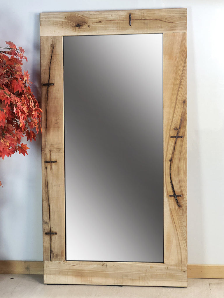 INDUSTRIAL style free-standing mirror in solid ash wood with visible iron staples, measures 80xh200 cm