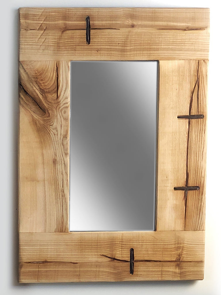 INDUSTRIAL style wall mirror in solid ash wood with visible iron staples measures 50xh80 cm