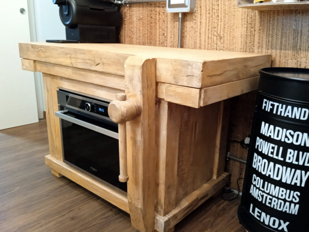 Solid wood mini kitchen island with built-in oven preparation 130x60xh80 cm