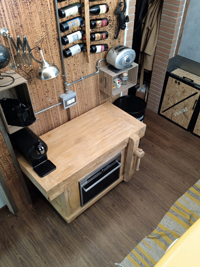 Isola mini Cucina stile BANCO FALEGNAME / INDUSTRIAL legno massello con predisposizione forno incasso 130x60xh80 cm