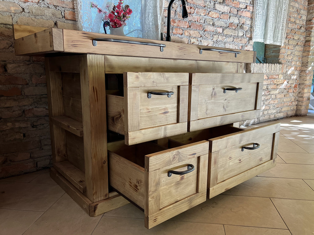 COUNTRY / INDUSTRIAL style mini kitchen in solid wood with mixer sink and hob included 160x70xh90 cm