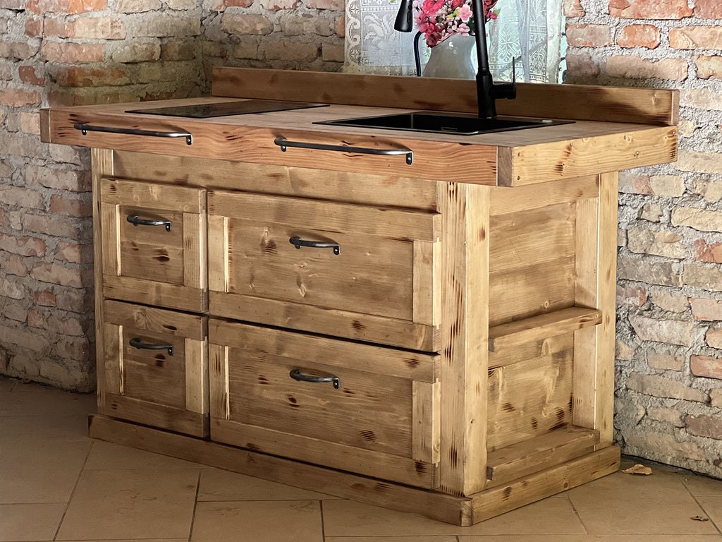 Cucina mini stile COUNTRY / INDUSTRIAL in legno massello con lavello miscelatore e piano cottura inclusi 160x70xh90 cm