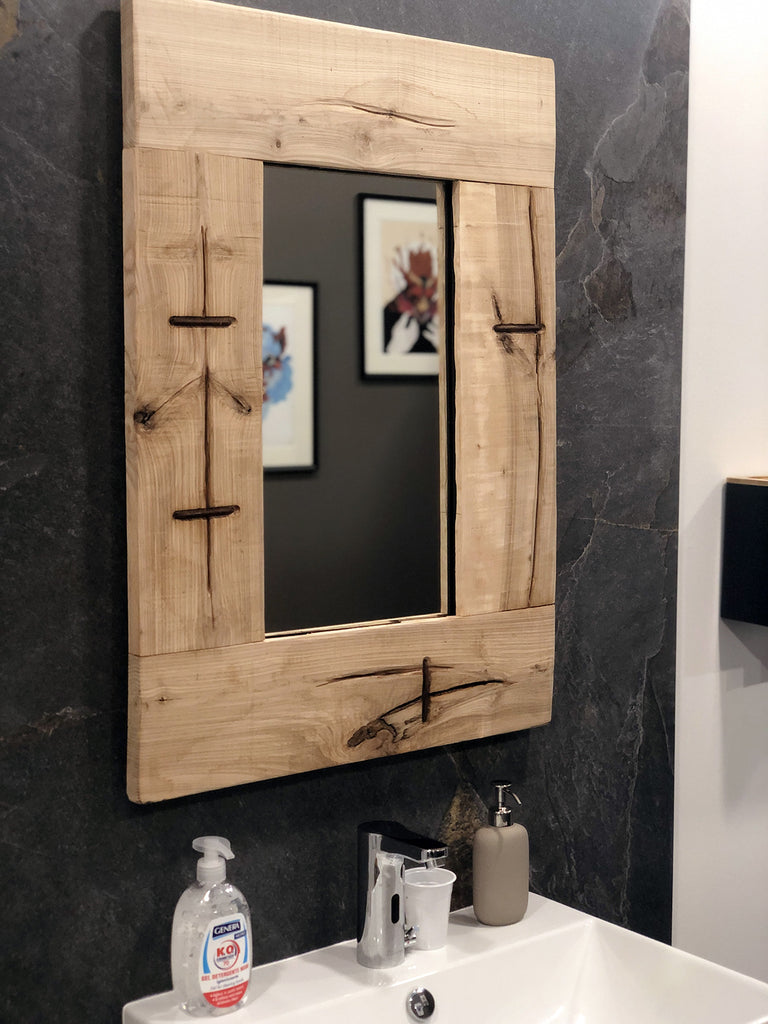 INDUSTRIAL style wall mirror in solid ash wood with visible iron staples measures 50xh80 cm