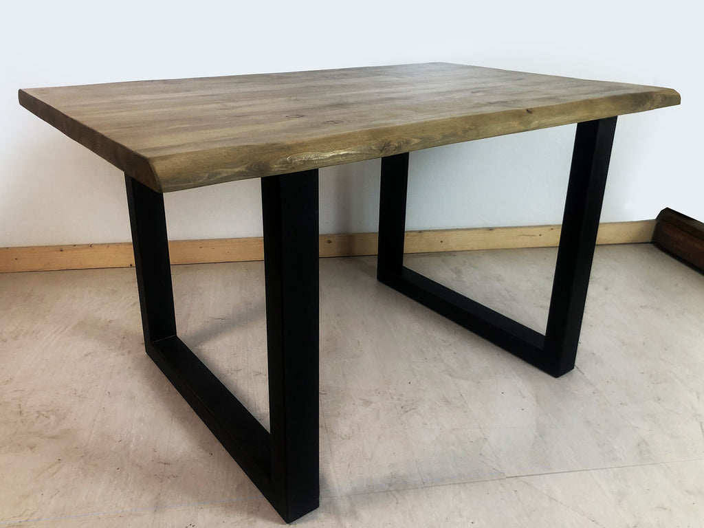 INDUSTRIAL style extendable kitchen table in debarked solid wood, inverted U-shaped iron legs, measures 140/180/220x90h78 cm