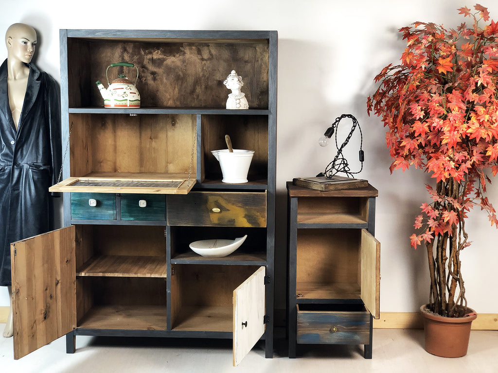INDUSTRIAL style multipurpose sideboard/bookcase + bedside table with multicolored wood metal effect edges measures 90x45xh180 cm