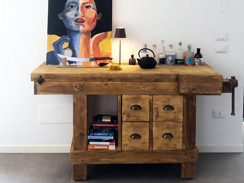 Carpenter's workbench for kitchen furniture, BAR corner, living room, INDUSTRIAL style, solid wood, 4 drawers and vice, 175x65xh80 cm