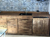 Cucina lineare multistile RUSTICA / COUNTRY / INDUSTRIAL TUTTA in legno massello finitura effetto vissuto / invecchiato con predisposizione elettrodomestici 240x65xh87 cm