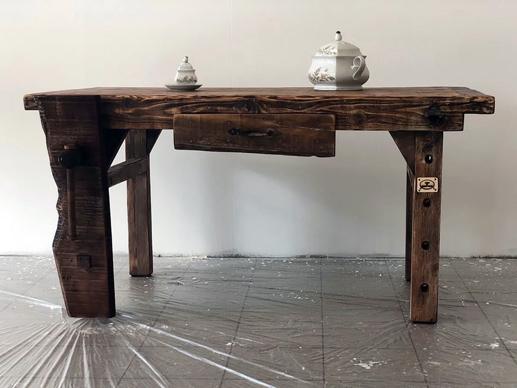 Solid wood BANCO FALEGNAME / INDUSTRIAL style kitchen and dining table with drawer and wooden vice 160x80x80 cm