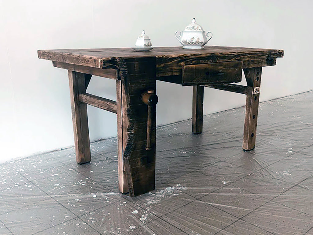 Solid wood BANCO FALEGNAME / INDUSTRIAL style kitchen and dining table with drawer and wooden vice 160x80x80 cm
