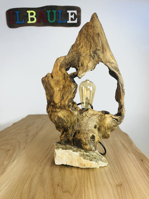 Tischlampe Abat jour mit Baumwurzel und Steinsockel H 50cm Handgefertigtes Produkt UNSERE PRODUKTION