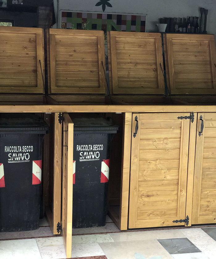 NUOVO MODELLO!! Mobile legno massello COPRI BIDONI DIFFERENZIATA da 120 L per esterno per 4 bidoni rifiuti vetro plastica carta