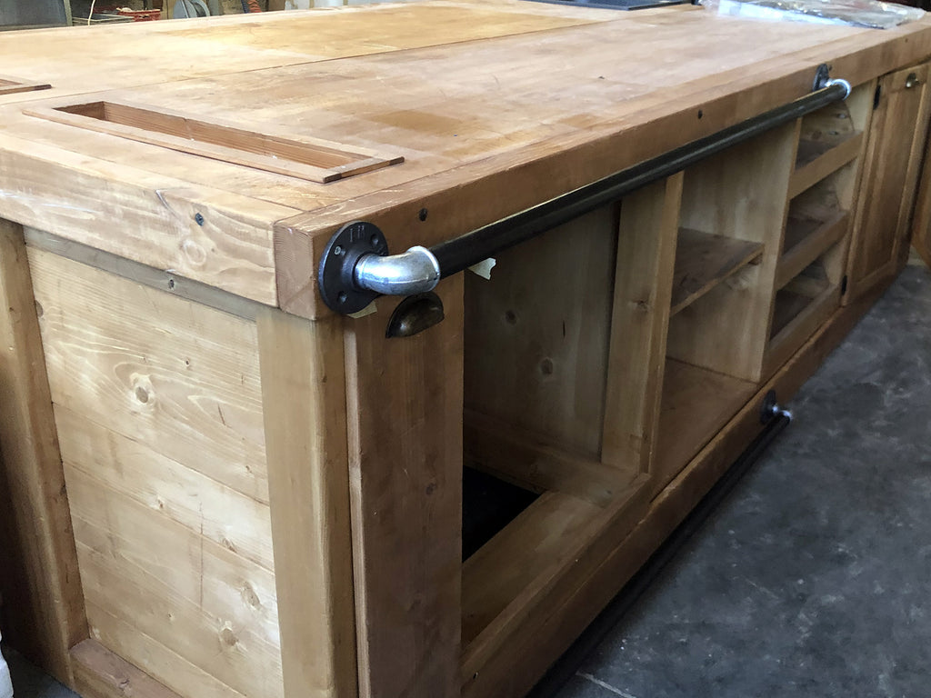 INDUSTRIAL style kitchen island ALL in solid wood with ruined effect, predisposition for appliances 320x160xh95 cm