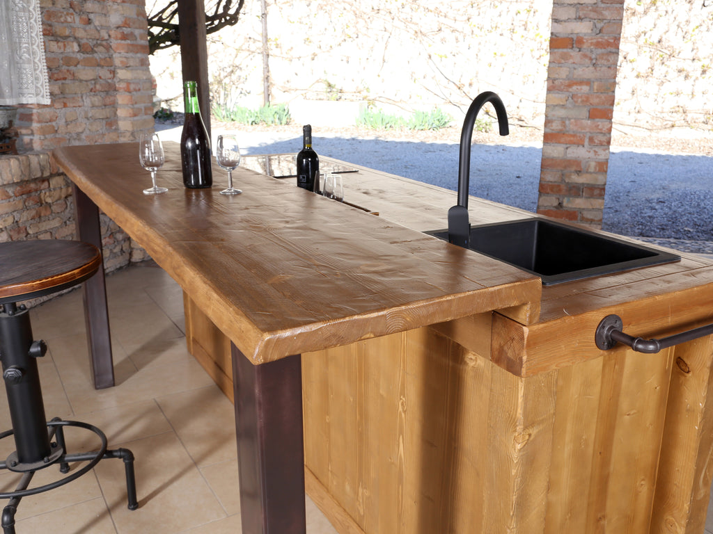 Fixed kitchen and dining table INDUSTRIAL VISSUTO style in solid wood and iron legs measures 200x100xh80 cm