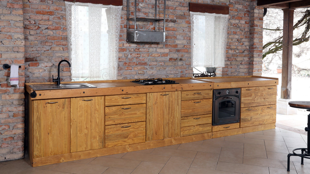Linear mixed style INDUSTRIAL / COUNTRY kitchen in solid wood with a worn effect, predisposition for household appliances 465x65xh90 cm