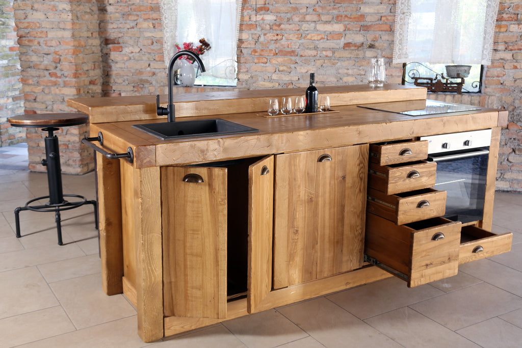 Isola Cucina con bancone alto stile INDUSTRIAL TUTTA in  legno massello con predisposizione elettrodomestici 240x120xh90 cm