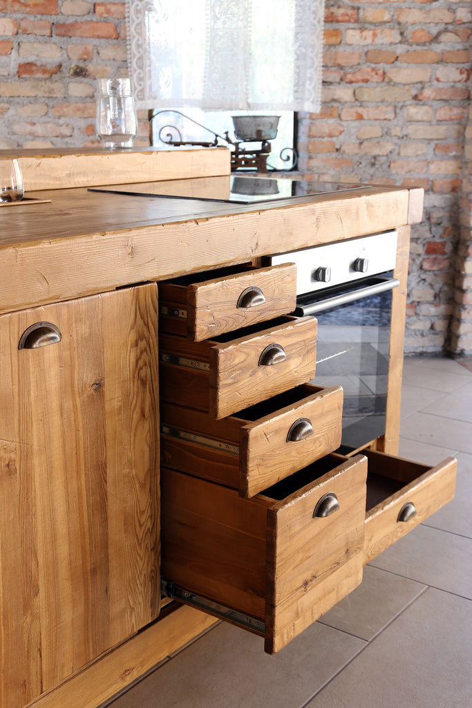 Kitchen island with INDUSTRIAL style high counter ALL in solid wood with provision for appliances 240x120xh90 cm