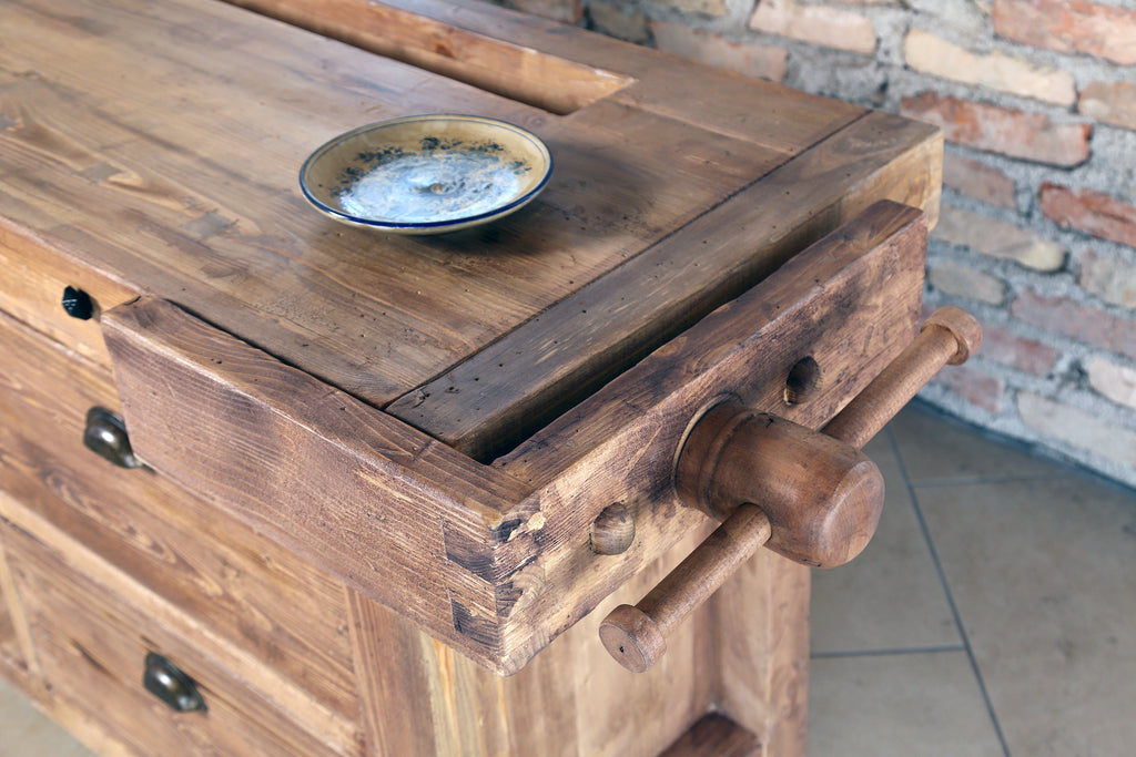 Carpenter's workbench for kitchen island furniture living room bathroom INDUSTRIAL style solid wood 2 drawers and 2 vices 170x70xh75 cm 