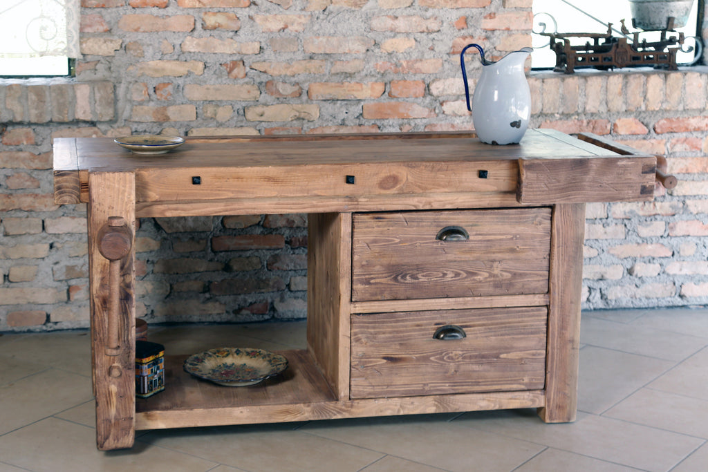 Carpenter's workbench for kitchen island furniture living room bathroom INDUSTRIAL style solid wood 2 drawers and 2 vices 170x70xh75 cm 