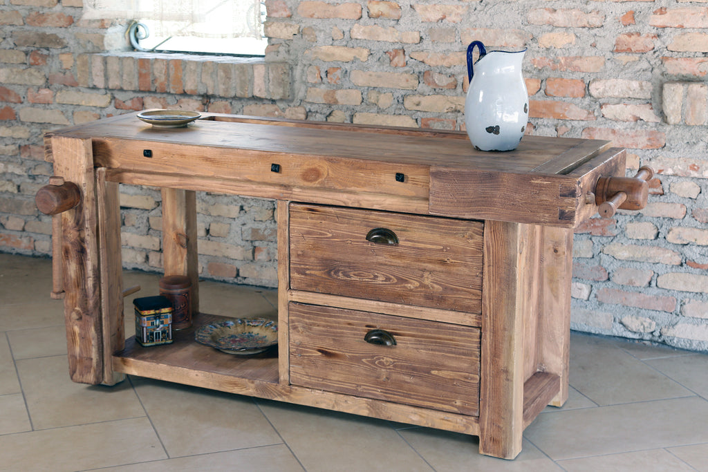 Carpenter's workbench for kitchen island furniture living room bathroom INDUSTRIAL style solid wood 2 drawers and 2 vices 170x70xh75 cm 