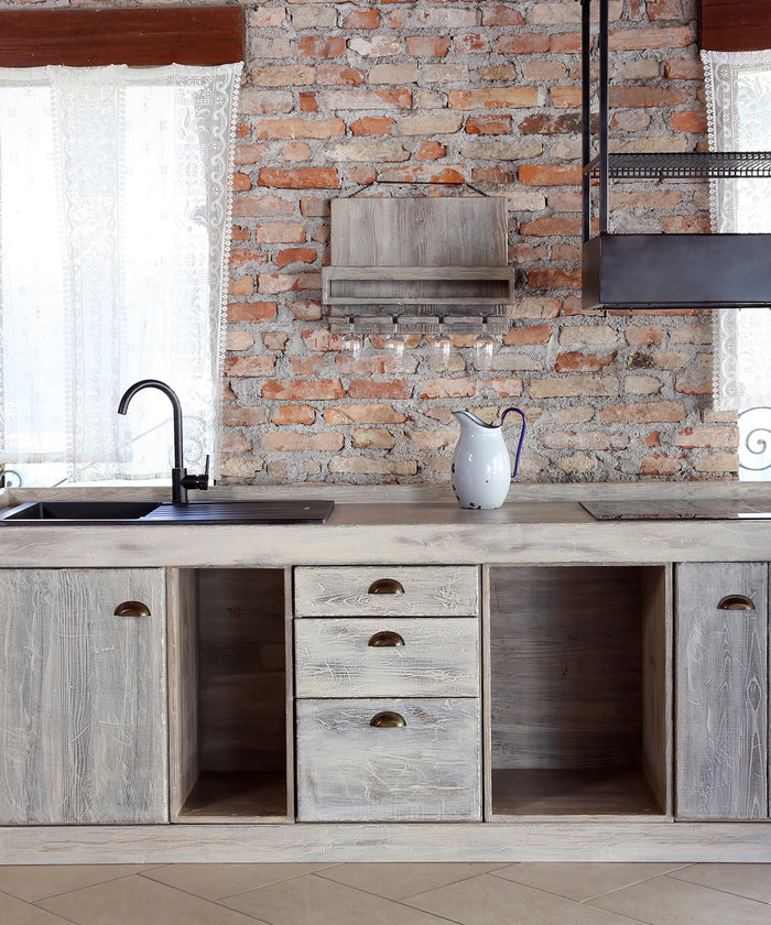 INDUSTRIAL SHABBY kitchen + dish drainer shelf predisposition for household appliances 240x60xh88 cm ALL IN SOLID WOOD