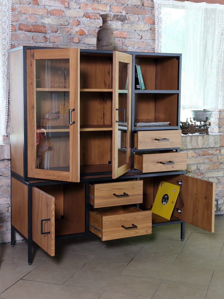 Sideboard with INDUSTRIAL style display cabinet and bookcase, iron structure, solid ash doors 160x40/50xh160 cm