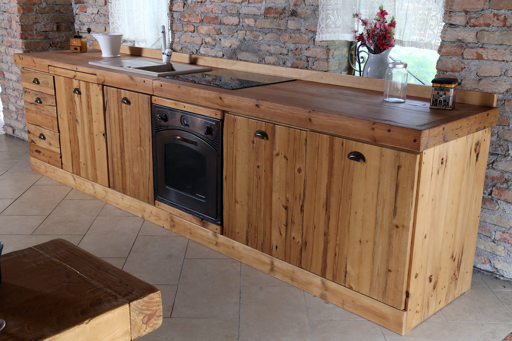 Mixed COUNTRY / RUSTIC style linear kitchen ALL in solid wood with a ruined effect, predisposition for household appliances 330x65xh87 cm