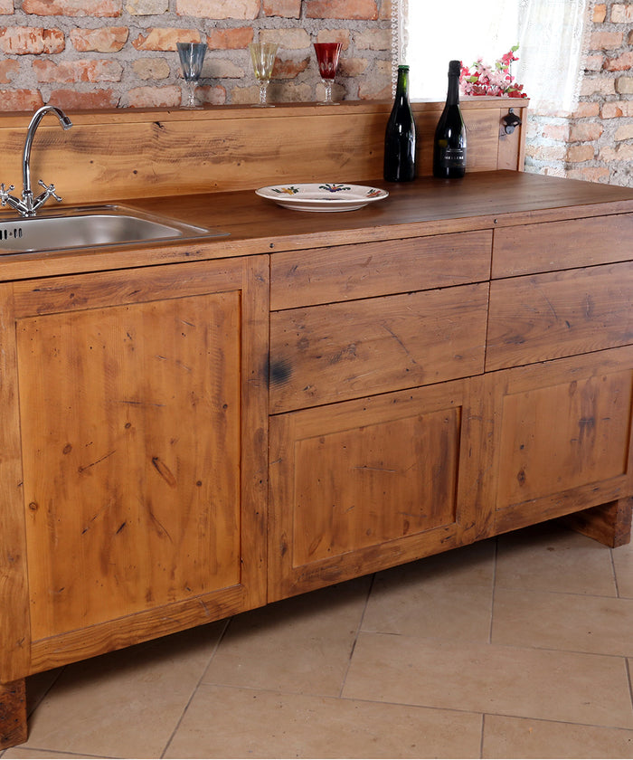 Linear kitchen with raised backrest COUNTRY / INDUSTRIAL style in solid wood with sink preparation 180x65xh85 cm