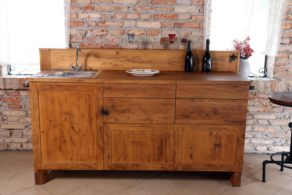 Linear kitchen with raised backrest COUNTRY / INDUSTRIAL style in solid wood with sink preparation 180x65xh85 cm