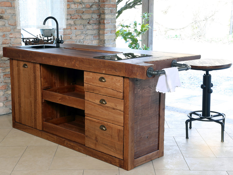 Isola Cucina con bancone alto stile INDUSTRIAL TUTTA in legno