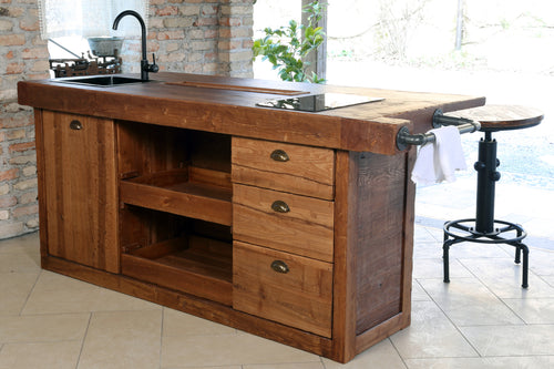 Kücheninsel mit Bartheke im Industriestil aus Massivholz, mit Vorbereitung für Geräte, optionaler Hocker, 200x100xh100 cm