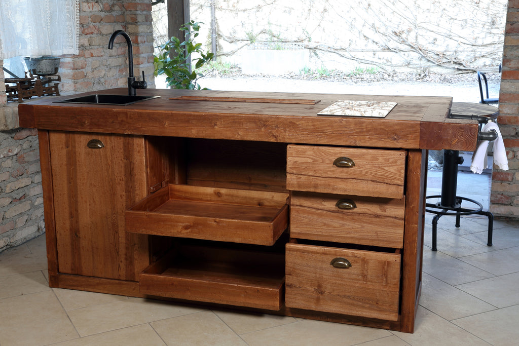 Isola Cucina con bancone da BAR stile INDUSTRIAL legno massello predisposizione elettrodomestici sgabello opzionale 200x100xh100 cm