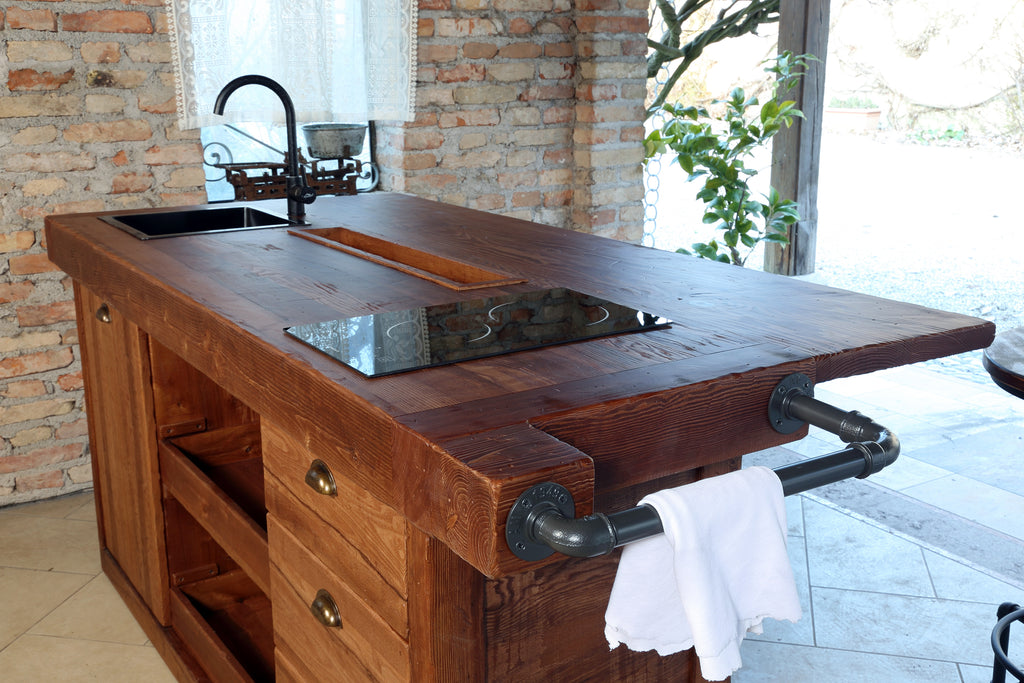 Isola Cucina con bancone da BAR stile INDUSTRIAL legno massello predisposizione elettrodomestici sgabello opzionale 200x100xh100 cm