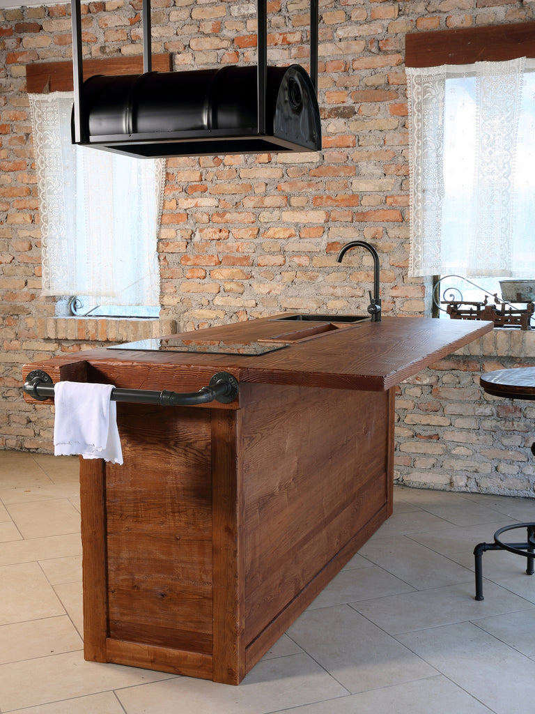 Isola Cucina con bancone da BAR stile INDUSTRIAL legno massello predisposizione elettrodomestici sgabello opzionale 200x100xh100 cm