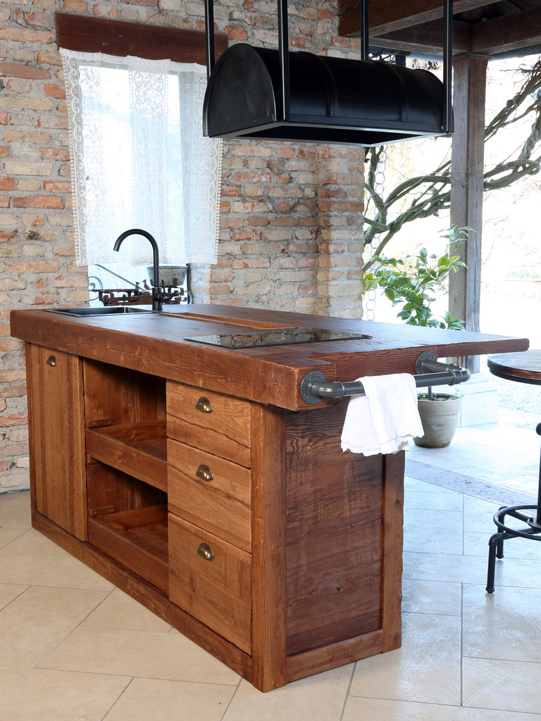 Isola Cucina con bancone da BAR stile INDUSTRIAL legno massello predisposizione elettrodomestici sgabello opzionale 200x100xh100 cm