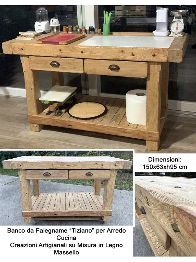 Isola Cucina | Consolle stile Banco da  Falegname RUSTICO mod. Tiziano in legno massello 150x63xh95cm