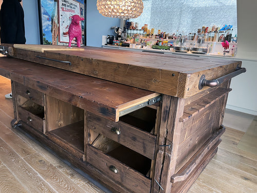 AMBURGO Kücheninsel im AGED | RUINED | INDUSTRIAL Stil, aus Massivholz mit ausziehbarer Platte, 230x130xH90cm, NACH MASS